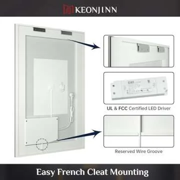 Keonjinn LED Mirror for Bathroom 28 x 36 Inch, Bathroom Mirror with Lights, 3 Color Lights, HD Tempered Glass, UL Listed LED Driver, Frontlit Only, Dimmable, Anti-Fog(Horizontal/Vertical)