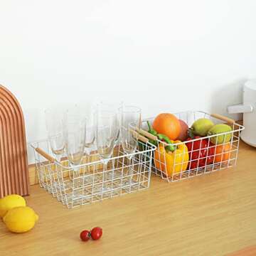 3 Pack Wire Storage Baskets, Storage Baskets Organizing Bins with Wood Handle for Pantry, Bathroom, Freezer White