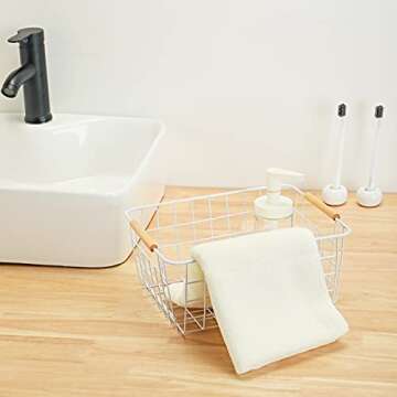 3 Pack Wire Storage Baskets, Storage Baskets Organizing Bins with Wood Handle for Pantry, Bathroom, Freezer White
