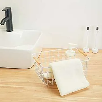 3 Pack Wire Storage Baskets, Storage Baskets Organizing Bins with Wood Handle for Pantry, Bathroom, Freezer White