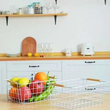 3 Pack Wire Storage Baskets, Storage Baskets Organizing Bins with Wood Handle for Pantry, Bathroom, Freezer White