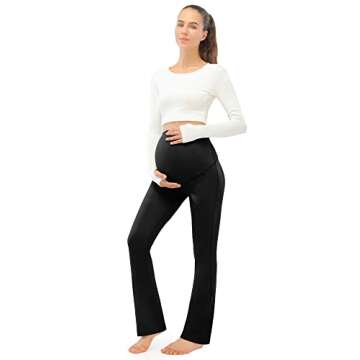 JOYSPELS Maternity Bootcut Pants with Pockets Over The Belly Pregnancy Yoga Pants for Work Flare Maternity Leggings Black