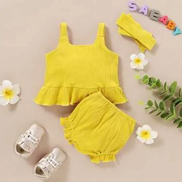 6-9 Month Girl Clothes Toddler Baby Girl Clothes Summer Infant Girls Short Sleeve Vintage Shirt Top Cotton Shorts Set Cute Girl Outfit 6-12 Months Yellow