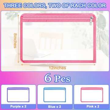 6 Pack Clear Zipper Pouches Clear Travel Bag Pouches Multipurpose Makeup Bag PVC Waterproof Zipper Bag Portable Bag for Cosmetics Pencil Organize, 12 x 8 Inches(Multicolor)
