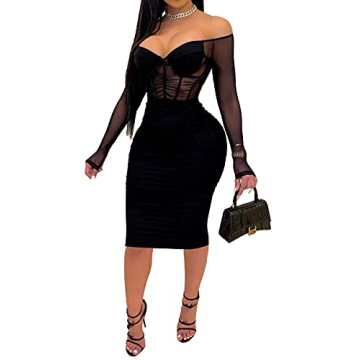 Uni Clau Sexy V Neck Mesh Bodycon Dress for Parties