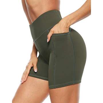 AFITNE Yoga Shorts for Women with Pockets High Waisted Workout Athletic Running Shorts Biker Spandex Gym Fitness Tights Leggings Army Green - S