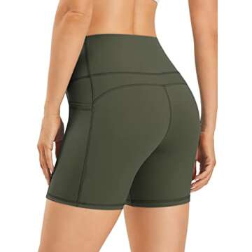 AFITNE Yoga Shorts for Women with Pockets High Waisted Workout Athletic Running Shorts Biker Spandex Gym Fitness Tights Leggings Army Green - S