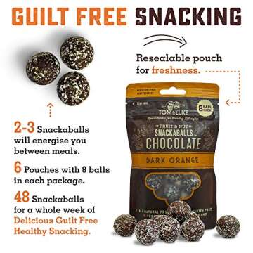 Tom & Luke Healthy Snack Balls - Delicious Dark Orange Chocolate Snacks for Adults, 6 Packs of 8 Balls (3.1 oz each pack)
