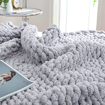 Bigacogo Chunky Knit Blanket Throw 51"x63", 100% Hand Knitted Chenille Throw Blanket, Big Soft Thick Yarn Cable Knit Blanket, Large Rope Knot Crochet Throw Blankets for Couch Bed Sofa (Light Grey)