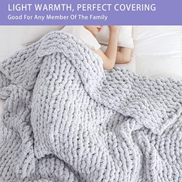 Bigacogo Chunky Knit Blanket Throw 51"x63", 100% Hand Knitted Chenille Throw Blanket, Big Soft Thick Yarn Cable Knit Blanket, Large Rope Knot Crochet Throw Blankets for Couch Bed Sofa (Light Grey)