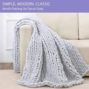 Bigacogo Chunky Knit Blanket Throw 51"x63", 100% Hand Knitted Chenille Throw Blanket, Big Soft Thick Yarn Cable Knit Blanket, Large Rope Knot Crochet Throw Blankets for Couch Bed Sofa (Light Grey)