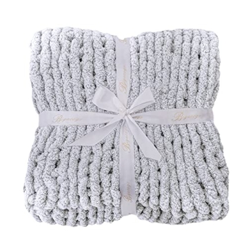Bigacogo Chunky Knit Blanket Throw 51"x63", 100% Hand Knitted Chenille Throw Blanket, Big Soft Thick Yarn Cable Knit Blanket, Large Rope Knot Crochet Throw Blankets for Couch Bed Sofa (Light Grey)