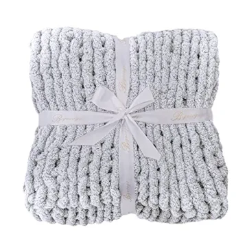 Bigacogo Chunky Knit Blanket Throw 51"x63", 100% Hand Knitted Chenille Throw Blanket, Big Soft Thick Yarn Cable Knit Blanket, Large Rope Knot Crochet Throw Blankets for Couch Bed Sofa (Light Grey)