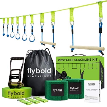 Flybold Obstacle Course for Kids - 40 Ft Ninja Warrior Slackline Kit with 8 Adjustable Obstacles - Tree Protectors, Twin Gear Ratchets, Carry Bag - Complete Outdoor Adventure Set