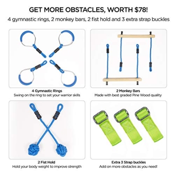 Flybold Obstacle Course for Kids - 40 Ft Ninja Warrior Slackline Kit with 8 Adjustable Obstacles - Tree Protectors, Twin Gear Ratchets, Carry Bag - Complete Outdoor Adventure Set