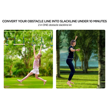 Flybold Obstacle Course for Kids - 40 Ft Ninja Warrior Slackline Kit with 8 Adjustable Obstacles - Tree Protectors, Twin Gear Ratchets, Carry Bag - Complete Outdoor Adventure Set