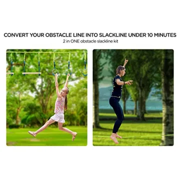 Flybold Obstacle Course for Kids - 40 Ft Ninja Warrior Slackline Kit with 8 Adjustable Obstacles - Tree Protectors, Twin Gear Ratchets, Carry Bag - Complete Outdoor Adventure Set