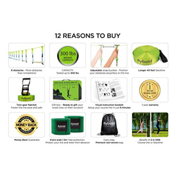 Flybold Obstacle Course for Kids - 40 Ft Ninja Warrior Slackline Kit with 8 Adjustable Obstacles - Tree Protectors, Twin Gear Ratchets, Carry Bag - Complete Outdoor Adventure Set