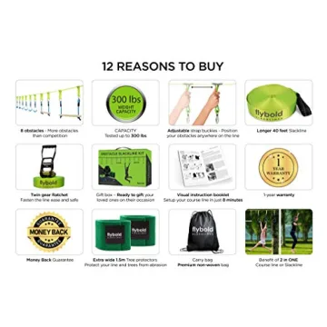 Flybold Obstacle Course for Kids - 40 Ft Ninja Warrior Slackline Kit with 8 Adjustable Obstacles - Tree Protectors, Twin Gear Ratchets, Carry Bag - Complete Outdoor Adventure Set