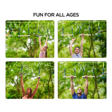 Flybold Obstacle Course for Kids - 40 Ft Ninja Warrior Slackline Kit with 8 Adjustable Obstacles - Tree Protectors, Twin Gear Ratchets, Carry Bag - Complete Outdoor Adventure Set