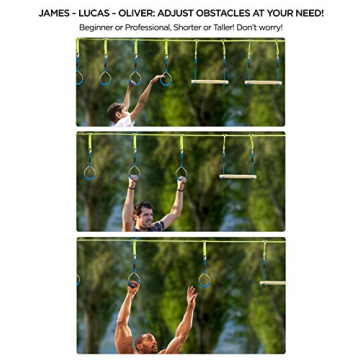 Flybold Obstacle Course for Kids - 40 Ft Ninja Warrior Slackline Kit with 8 Adjustable Obstacles - Tree Protectors, Twin Gear Ratchets, Carry Bag - Complete Outdoor Adventure Set