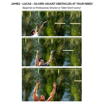 Flybold Obstacle Course for Kids - 40 Ft Ninja Warrior Slackline Kit with 8 Adjustable Obstacles - Tree Protectors, Twin Gear Ratchets, Carry Bag - Complete Outdoor Adventure Set