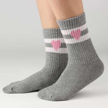 COTTON DAY Kids Girls Pink White Crew Athletic Socks with Retro Stripes Hearts Size M (8) 6-8 Years
