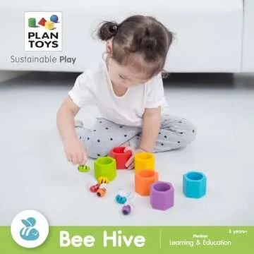 PlanToys Beehive Color Sorting Toy for Toddlers - Sustainably Made from Rubberwood Featuring Organic Coloring with 6 Colored Bees and Matching Beehive