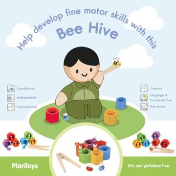 PlanToys Beehive Color Sorting Toy for Toddlers - Sustainably Made from Rubberwood Featuring Organic Coloring with 6 Colored Bees and Matching Beehive
