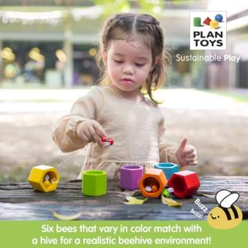 PlanToys Beehive Color Sorting Toy for Toddlers - Sustainably Made from Rubberwood Featuring Organic Coloring with 6 Colored Bees and Matching Beehive