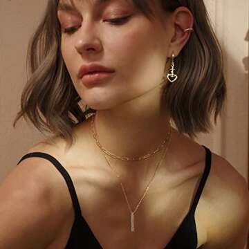MEVECCO Gold Layered Choker Necklace for Women, 18K Gold Plated Dainty CZ 3D Vertical Bar Pendant Minimalist Paperclip Double Layer Necklace for Jewelry