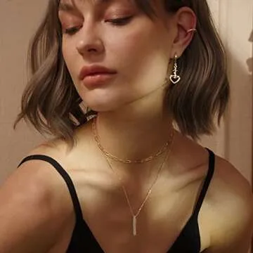 MEVECCO Gold Layered Choker Necklace for Women, 18K Gold Plated Dainty CZ 3D Vertical Bar Pendant Minimalist Paperclip Double Layer Necklace for Jewelry