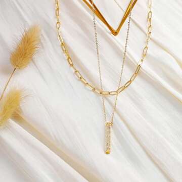 MEVECCO Gold Layered Choker Necklace for Women, 18K Gold Plated Dainty CZ 3D Vertical Bar Pendant Minimalist Paperclip Double Layer Necklace for Jewelry