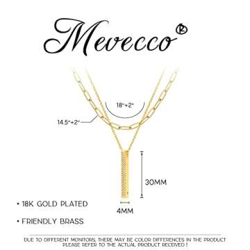 MEVECCO Gold Layered Choker Necklace for Women, 18K Gold Plated Dainty CZ 3D Vertical Bar Pendant Minimalist Paperclip Double Layer Necklace for Jewelry