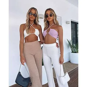 TOB Women's Sexy Criss Cross Lace Up Sling Basic Bow Tie Crop Top Lavender