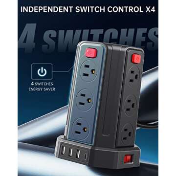 Power Strip Surge Protector with 12 Outlets and USB Ports
