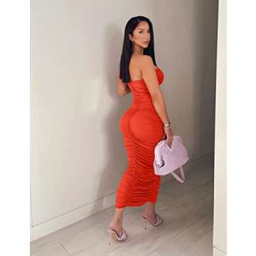 BEAGIMEG Women's Sexy Ruched Strapless Bodycon Tube Maxi Long Club Dress Orange