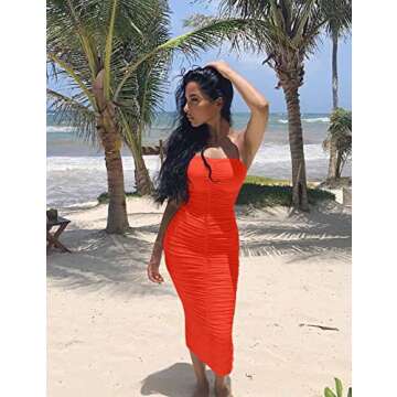 BEAGIMEG Women's Sexy Ruched Strapless Bodycon Tube Maxi Long Club Dress Orange