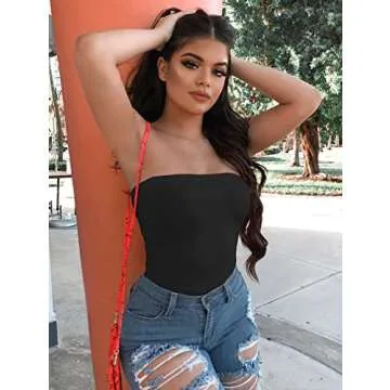 YMDUCH Women's Sexy Strapless Bodysuit One Piece Triangle Off Shoulder Leotard Black