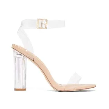JustFab Women's Clear Chunky High Heels Sandals with Open Toe Ankle Strap Block Heels for Women Clea...