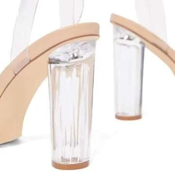 JustFab Women's Clear Chunky High Heels Sandals with Open Toe Ankle Strap Block Heels for Women Clear Shoes Dressy Perfect for Party and Dress Pumps - Hanna, 8