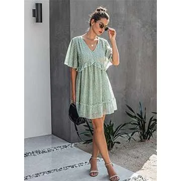 KIRUNDO Summer Women’s Floral Ruffle Hem Mini Dress Short Sleeves V Neck High Waist Loose Boho Dress(Green, Medium)