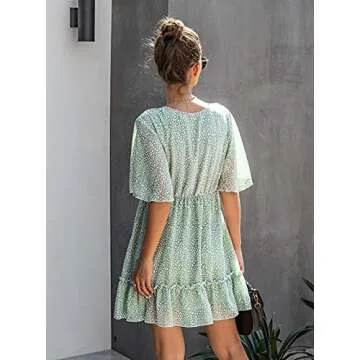 KIRUNDO Summer Women’s Floral Ruffle Hem Mini Dress Short Sleeves V Neck High Waist Loose Boho Dress(Green, Medium)