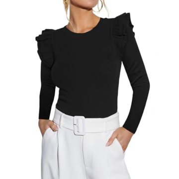 BONITEE Womens Sexy Slim Fit Ruffle Sleeve Shirts 2025 Trendy Fall Ribbed Tank Tops Casual Round Nec...