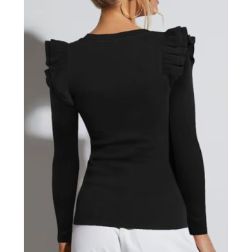 BONITEE Womens Sexy Slim Fit Ruffle Sleeve Shirts 2025 Trendy Fall Ribbed Tank Tops Casual Round Neck Knit Tshirt Clothing Black,M