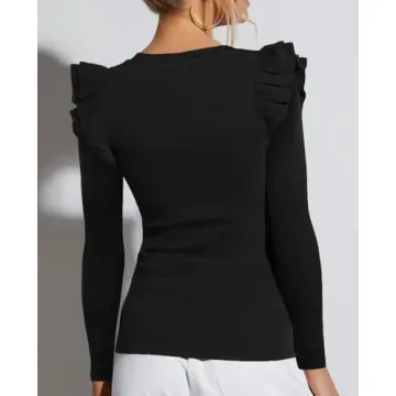 BONITEE Womens Sexy Slim Fit Ruffle Sleeve Shirts 2025 Trendy Fall Ribbed Tank Tops Casual Round Neck Knit Tshirt Clothing Black,M