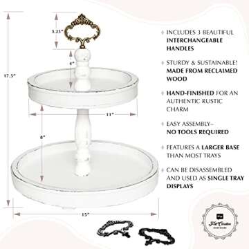 Two Tiered Tray Stand [Large 15"] White Decorative Tray [with 3 Changeable Handles] - Rustic 2 Tier Wooden Tray, Farmhouse Tiered Tray for Coffee Table Tray, Cupcake Tower by Felt Creative Home Goods