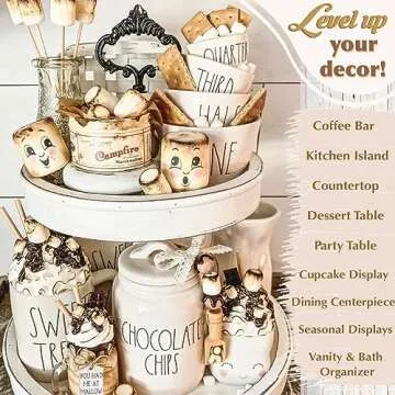 Two Tiered Tray Stand [Large 15"] White Decorative Tray [with 3 Changeable Handles] - Rustic 2 Tier Wooden Tray, Farmhouse Tiered Tray for Coffee Table Tray, Cupcake Tower by Felt Creative Home Goods