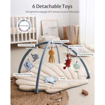 Blissful Diary Shell Baby Play Gym Mat, Softer & Enlarged Tummy Time Mat w 6 Detachable Toys for Sensory & Motor Skill Development, Activity Mat for Newborn Essentials Shower Gift, Boho Ocean Theme