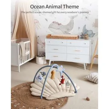 Blissful Diary Shell Baby Play Gym Mat, Softer & Enlarged Tummy Time Mat w 6 Detachable Toys for Sensory & Motor Skill Development, Activity Mat for Newborn Essentials Shower Gift, Boho Ocean Theme